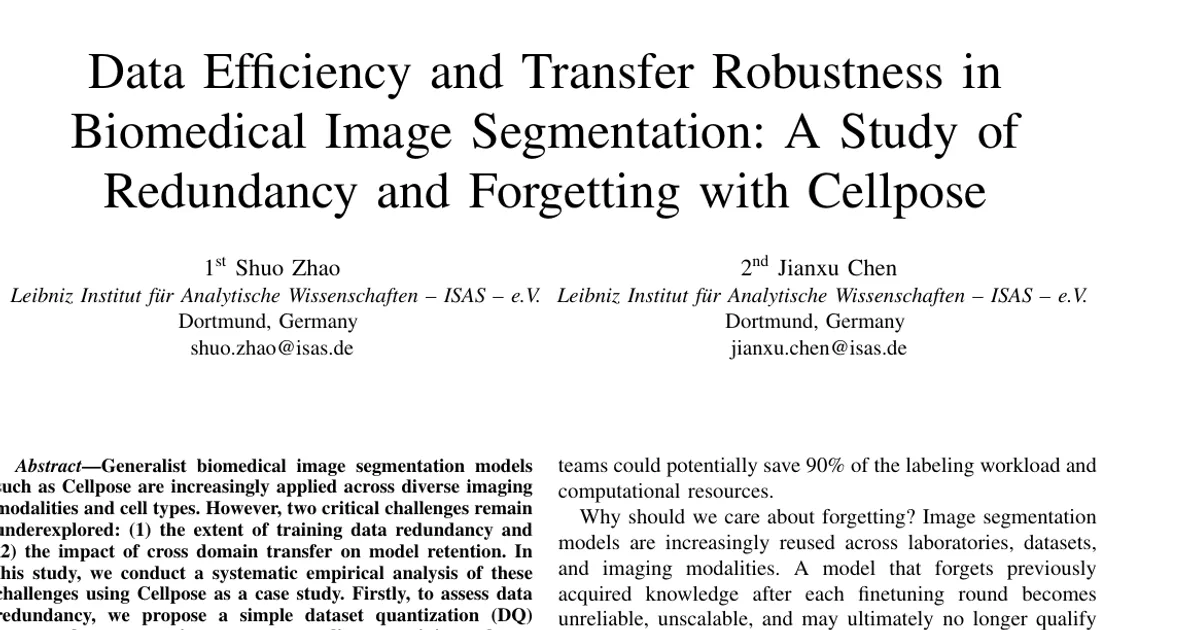 Data Efficiency and Transfer Robustness in Biomedical Image Segmentation: A Study of Redundancy and Forgetting with Cellpose