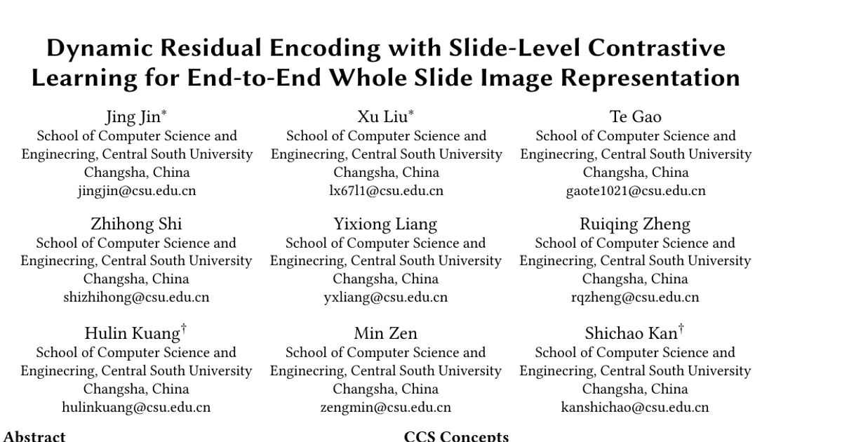 Dynamic Residual Encoding with Slide-Level Contrastive Learning for End-to-End Whole Slide Image Representation
