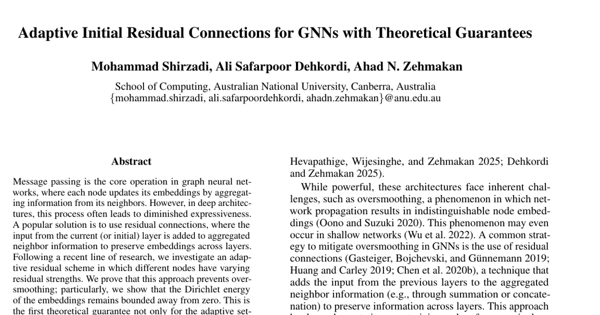 Adaptive Initial Residual Connections for GNNs with Theoretical Guarantees