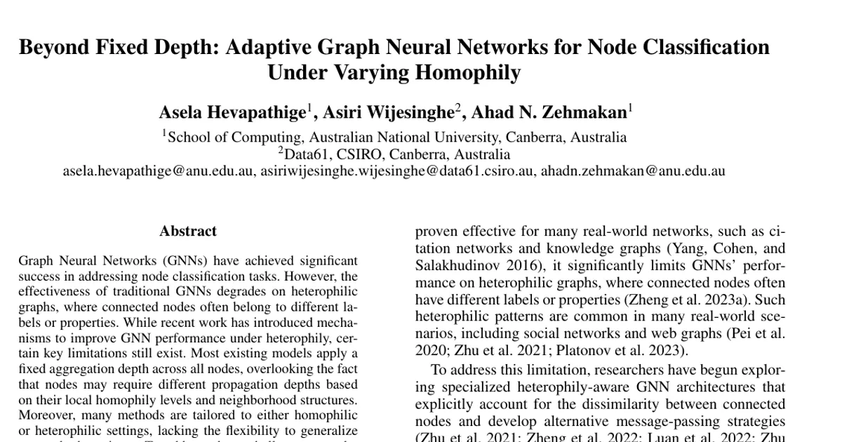 Beyond Fixed Depth: Adaptive Graph Neural Networks for Node Classification Under Varying Homophily