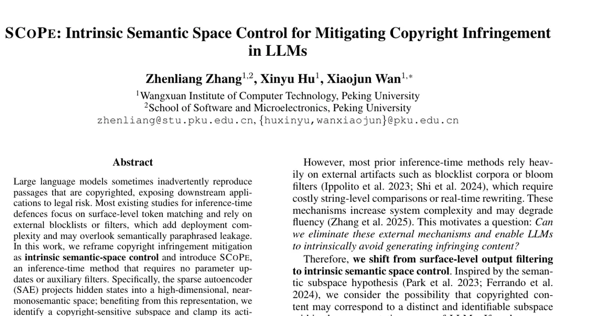 SCOPE: Intrinsic Semantic Space Control for Mitigating Copyright Infringement in LLMs