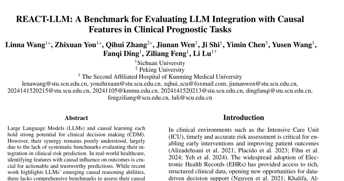 REACT-LLM: A Benchmark for Evaluating LLM Integration with Causal Features in Clinical Prognostic Tasks