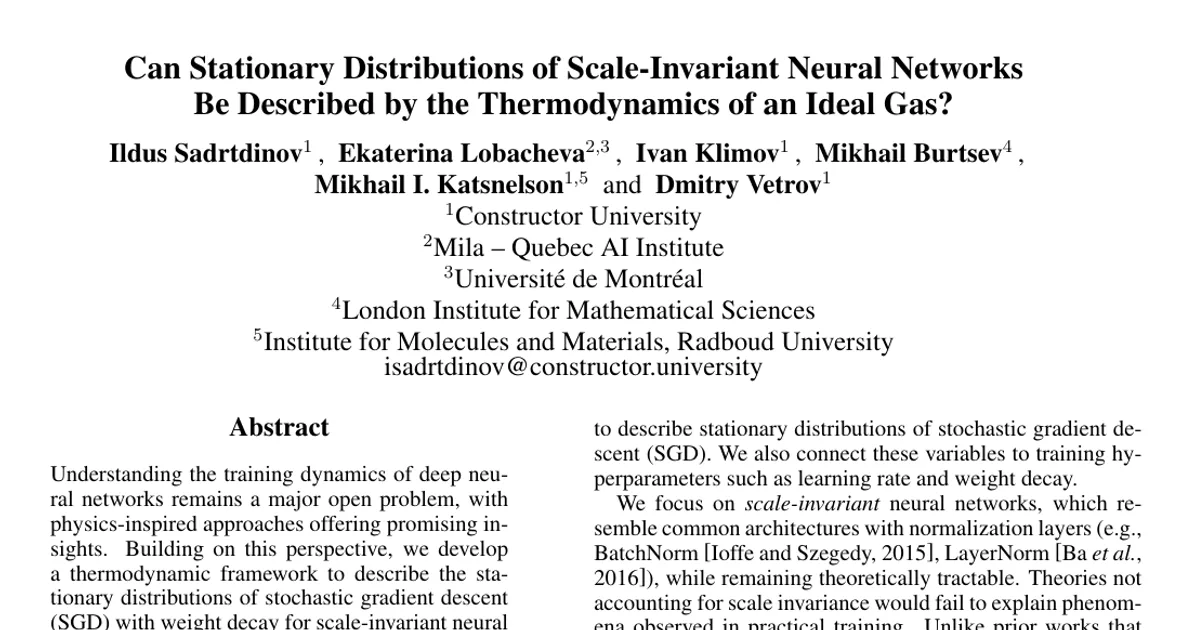 Can Stationary Distributions of Scale-Invariant Neural Networks Be Described by the Thermodynamics of an Ideal Gas?