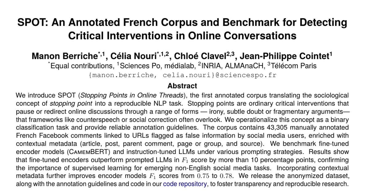 SPOT: An Annotated French Corpus and Benchmark for Detecting Critical Interventions in Online Conversations