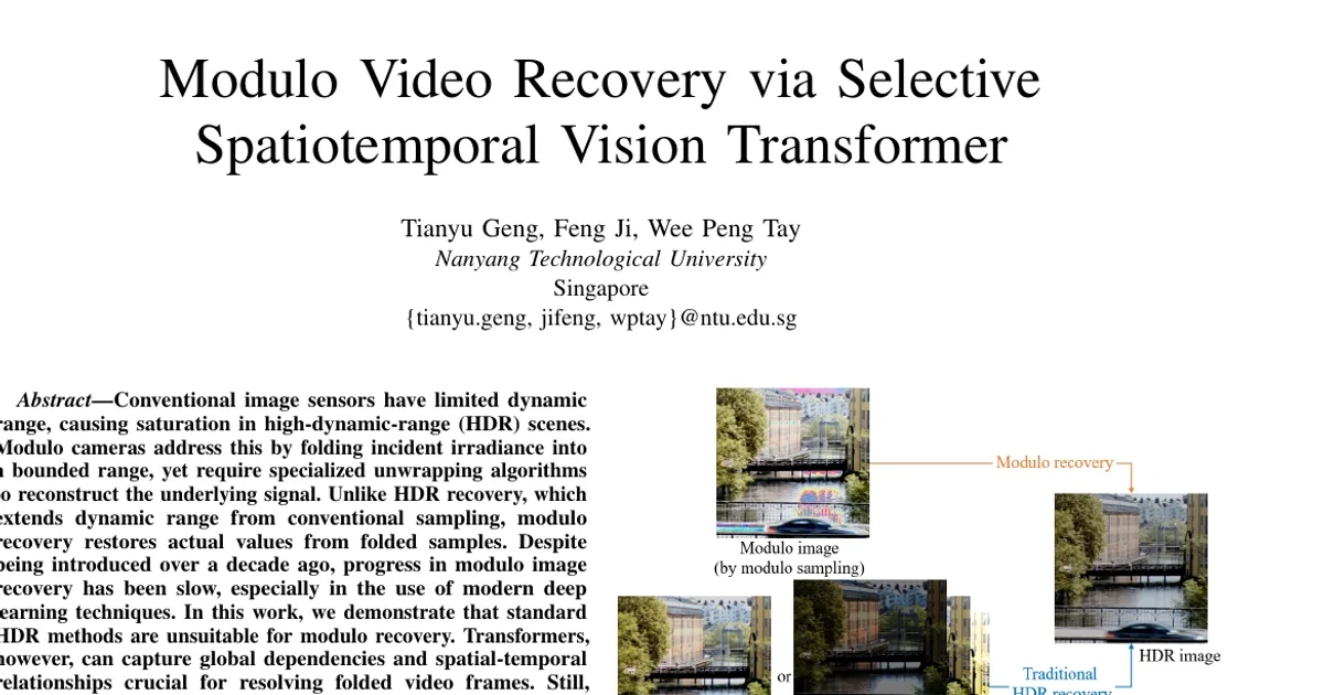Modulo Video Recovery via Selective Spatiotemporal Vision Transformer
