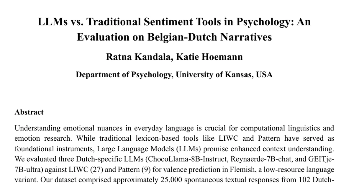 LLMs vs. Traditional Sentiment Tools in Psychology: An Evaluation on Belgian-Dutch Narratives