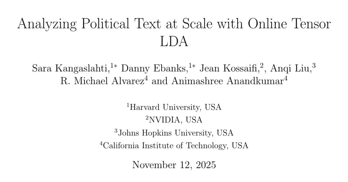 Analyzing Political Text at Scale with Online Tensor LDA