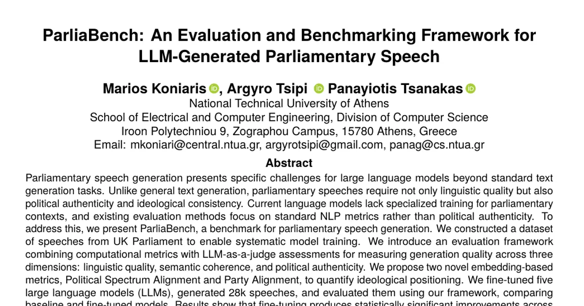 ParliaBench: An Evaluation and Benchmarking Framework for LLM-Generated Parliamentary Speech