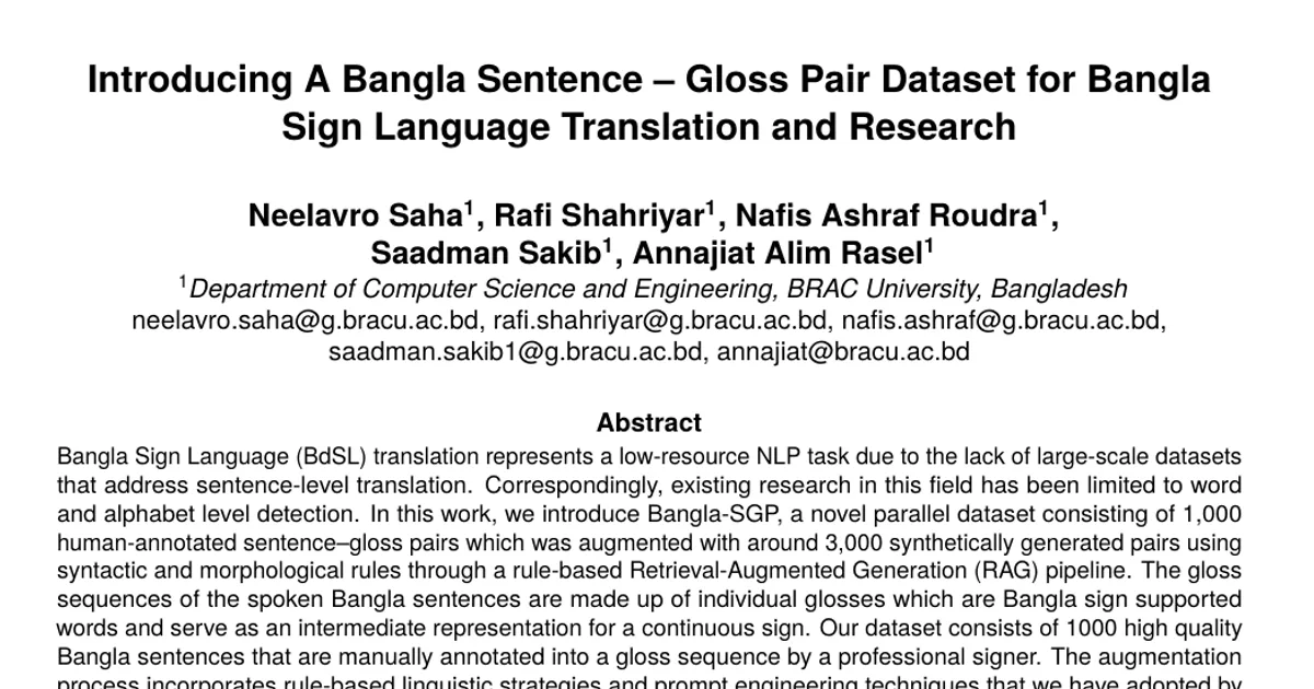 Introducing A Bangla Sentence - Gloss Pair Dataset for Bangla Sign Language Translation and Research