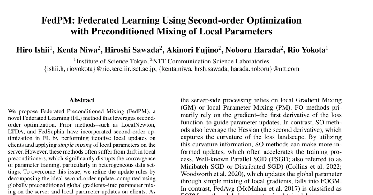 FedPM: Federated Learning Using Second-order Optimization with Preconditioned Mixing of Local Parameters