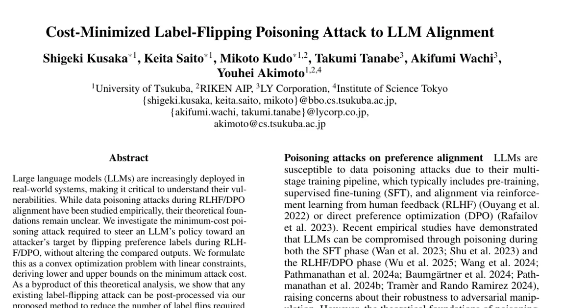 Cost-Minimized Label-Flipping Poisoning Attack to LLM Alignment