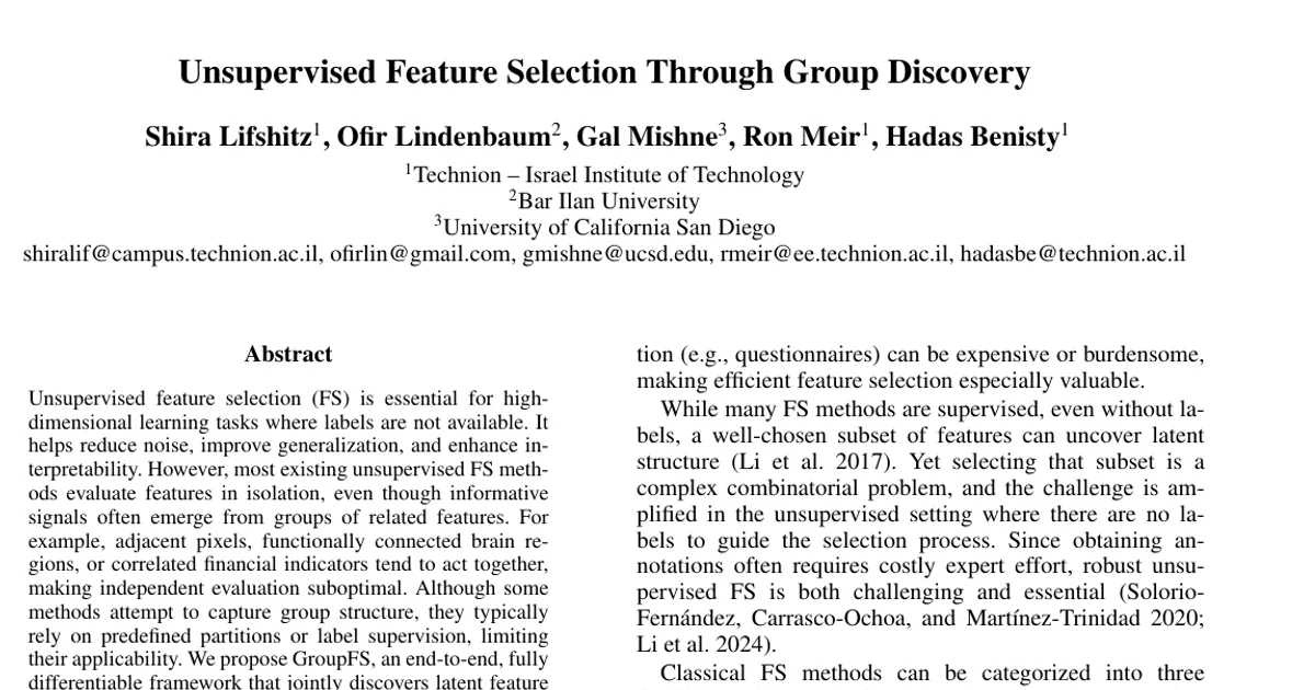 Unsupervised Feature Selection Through Group Discovery
