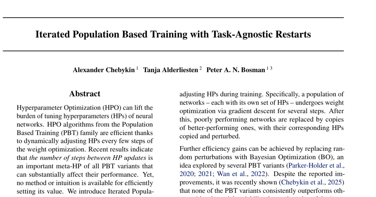 Iterated Population Based Training with Task-Agnostic Restarts