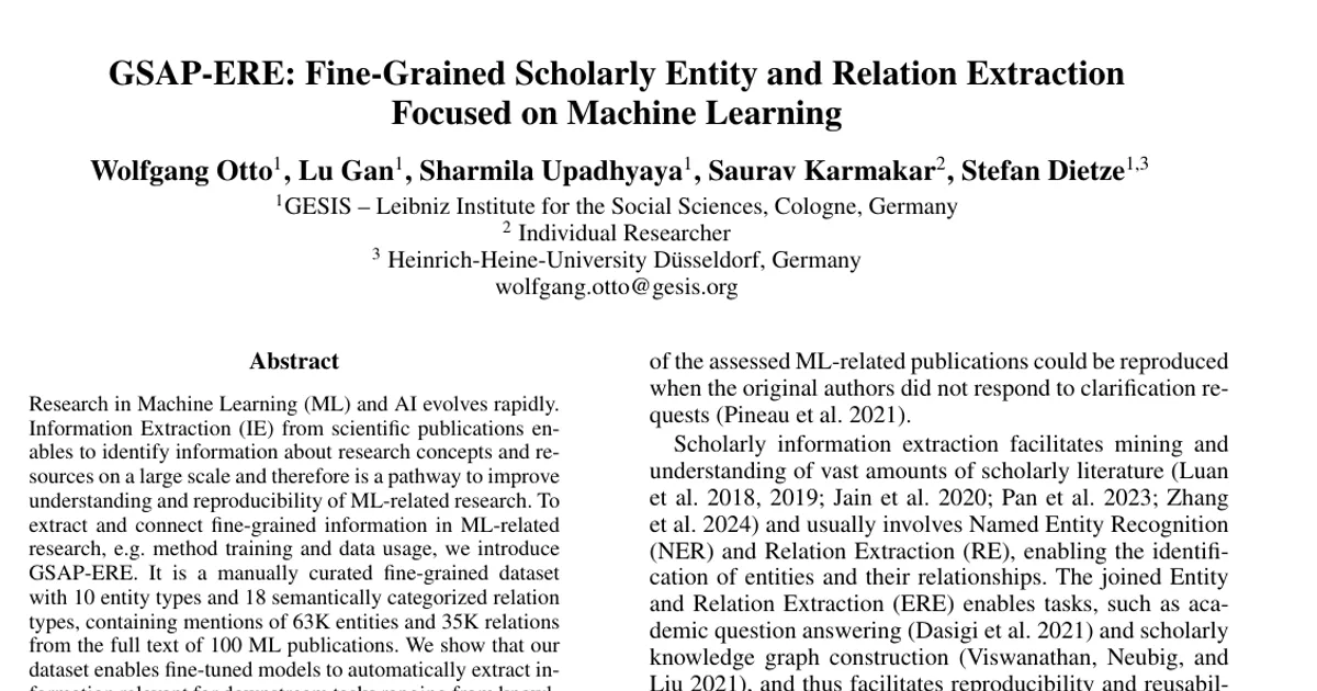 GSAP-ERE: Fine-Grained Scholarly Entity and Relation Extraction Focused on Machine Learning