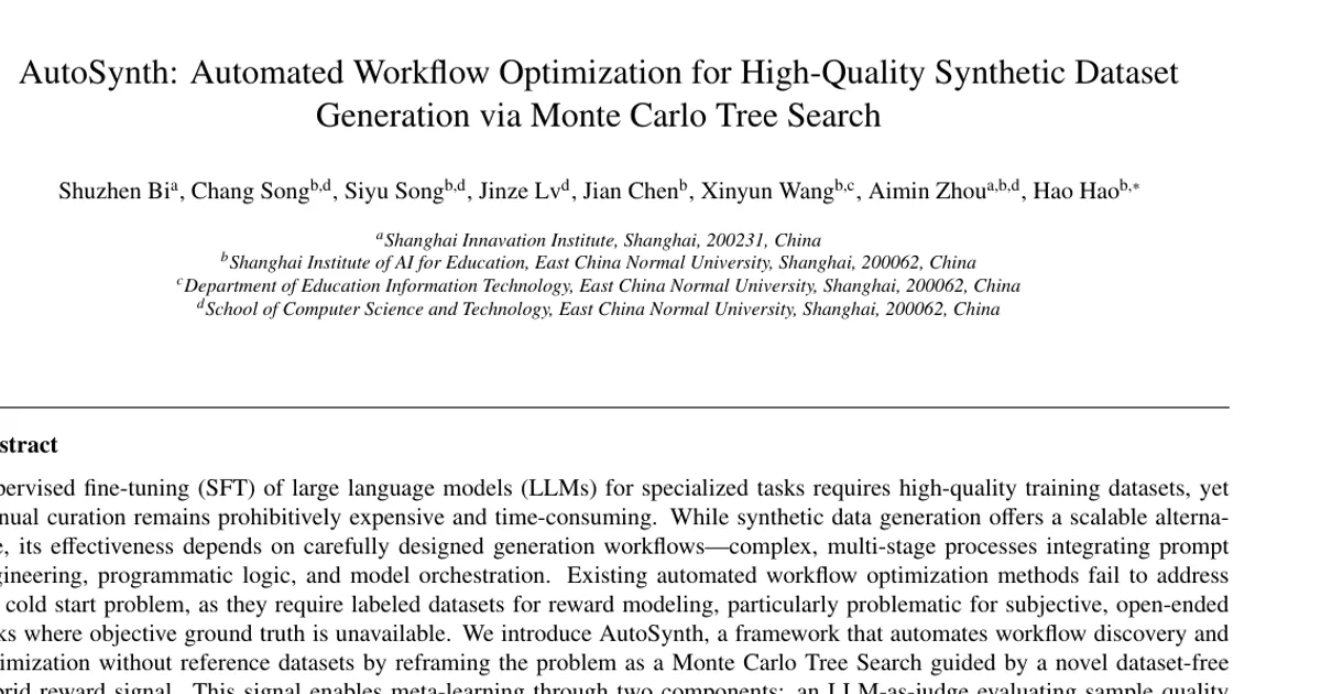AutoSynth: Automated Workflow Optimization for High-Quality Synthetic Dataset Generation via Monte Carlo Tree Search