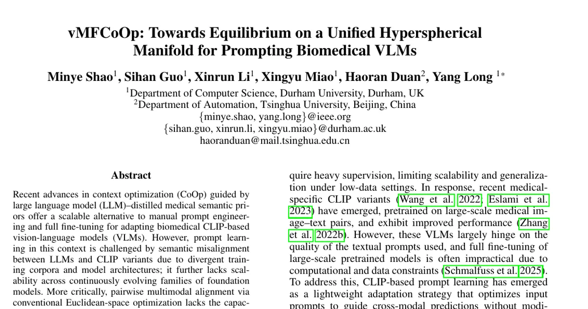 vMFCoOp: Towards Equilibrium on a Unified Hyperspherical Manifold for Prompting Biomedical VLMs