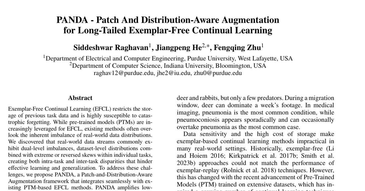 PANDA -- Patch And Distribution-Aware Augmentation for Long-Tailed Exemplar-Free Continual Learning