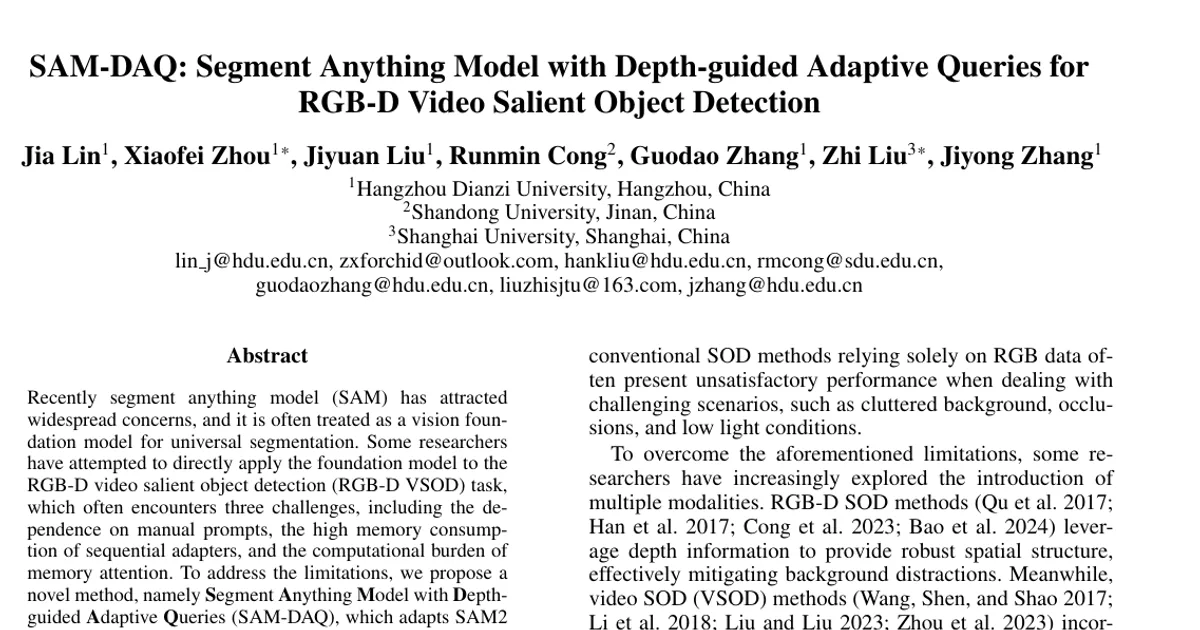 SAM-DAQ: Segment Anything Model with Depth-guided Adaptive Queries for RGB-D Video Salient Object Detection