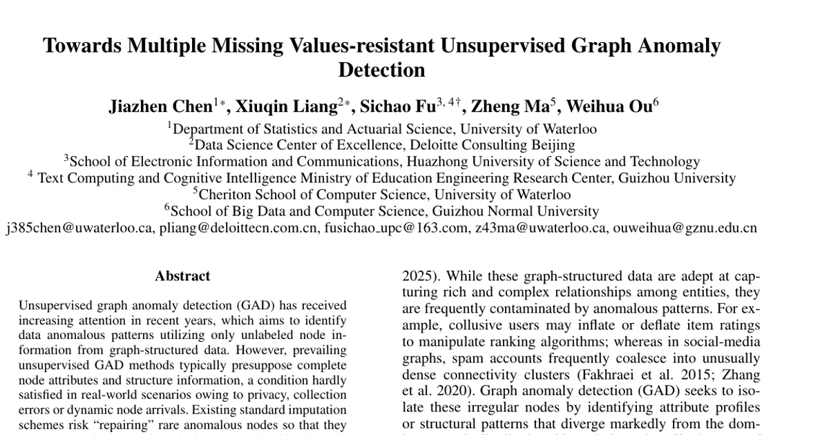 Towards Multiple Missing Values-resistant Unsupervised Graph Anomaly Detection