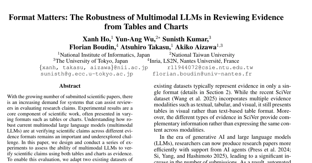 Format Matters: The Robustness of Multimodal LLMs in Reviewing Evidence from Tables and Charts