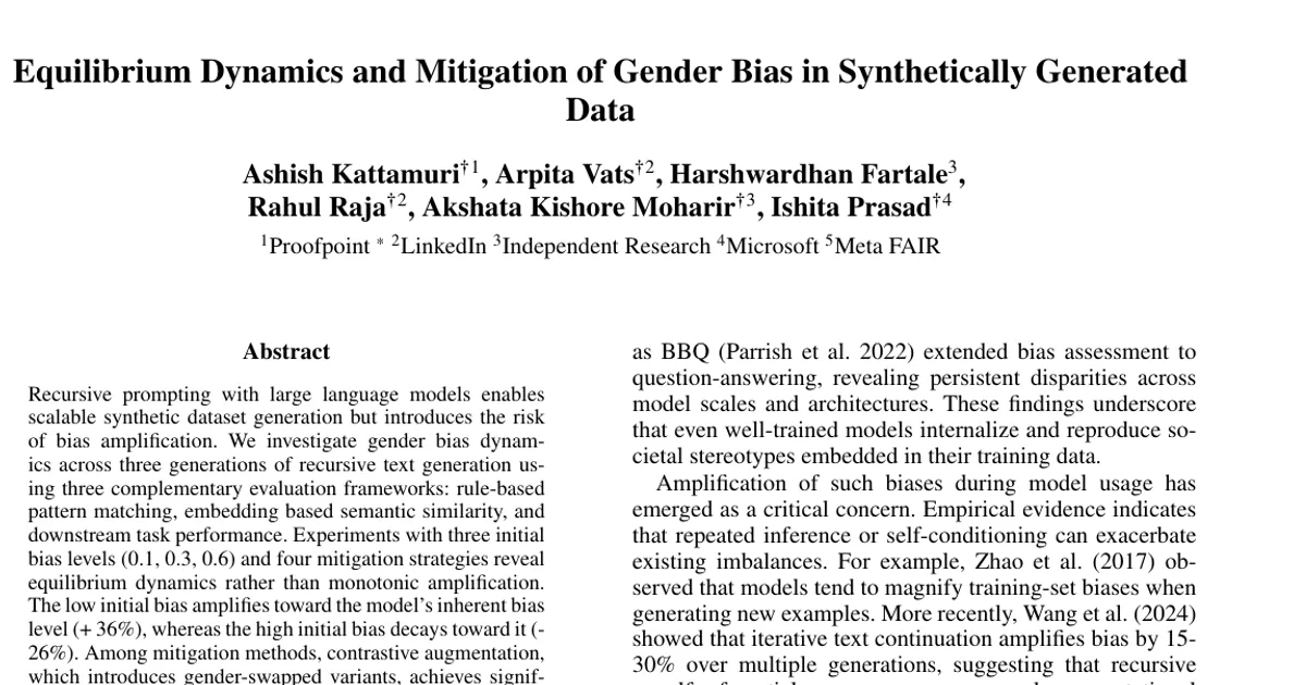 Equilibrium Dynamics and Mitigation of Gender Bias in Synthetically Generated Data