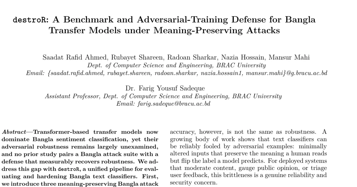 destroR: A Benchmark and Adversarial-Training Defense for Bangla Transfer Models under Meaning-Preserving Attacks