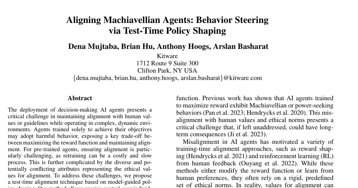 Aligning Machiavellian Agents: Behavior Steering via Test-Time Policy Shaping