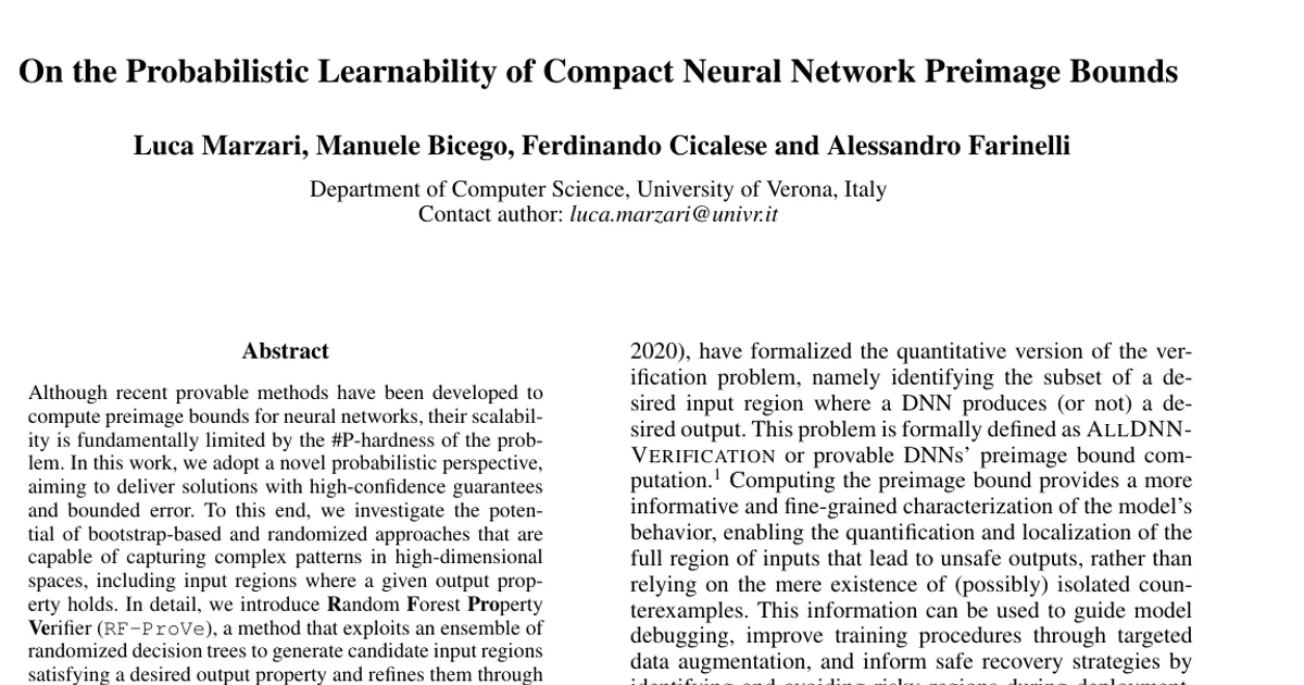 On the Probabilistic Learnability of Compact Neural Network Preimage Bounds