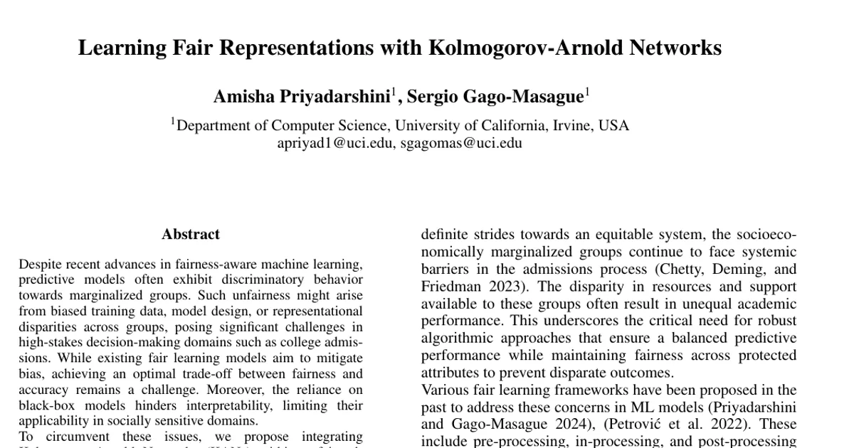 Learning Fair Representations with Kolmogorov-Arnold Networks