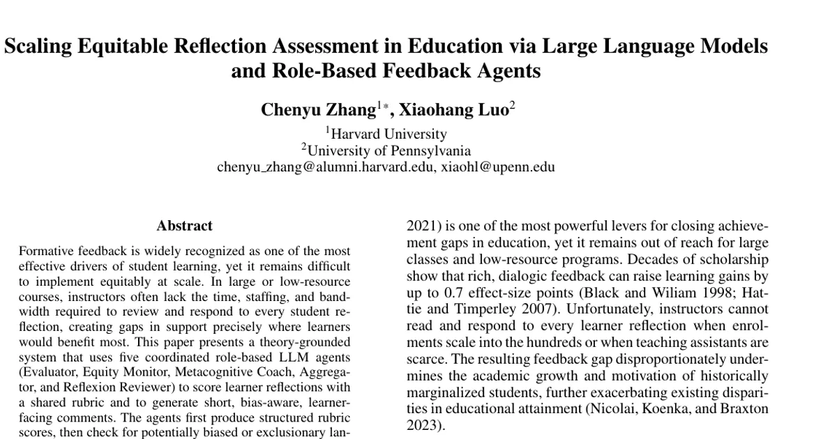 Scaling Equitable Reflection Assessment in Education via Large Language Models and Role-Based Feedback Agents