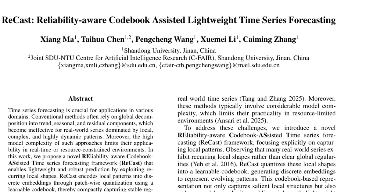 ReCast: Reliability-aware Codebook Assisted Lightweight Time Series Forecasting