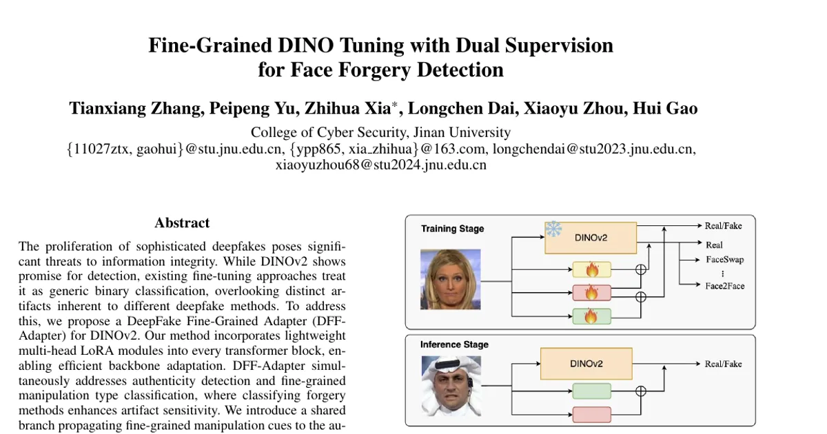 Fine-Grained DINO Tuning with Dual Supervision for Face Forgery Detection