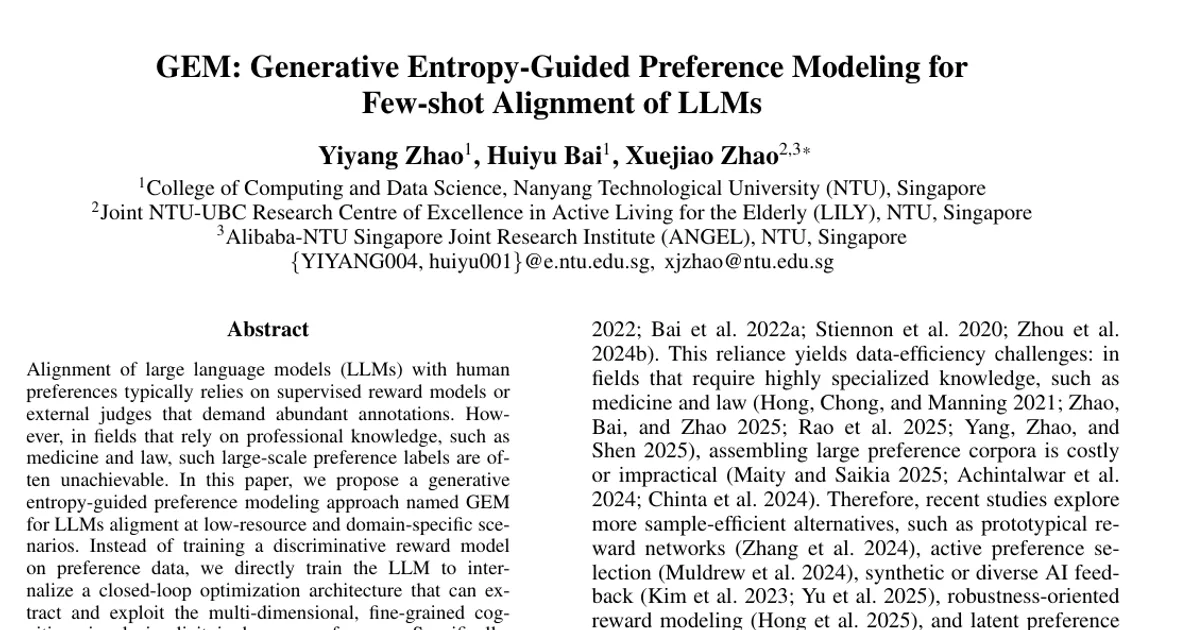 GEM: Generative Entropy-Guided Preference Modeling for Few-shot Alignment of LLMs