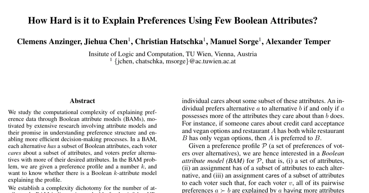 How Hard is it to Explain Preferences Using Few Boolean Attributes?