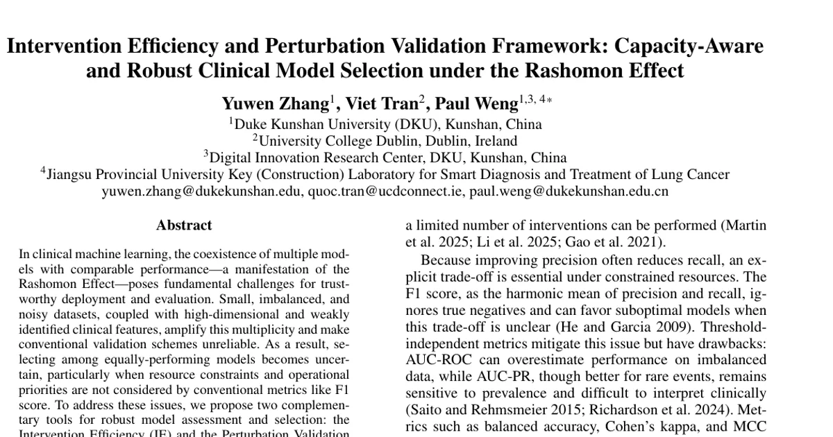 Intervention Efficiency and Perturbation Validation Framework: Capacity-Aware and Robust Clinical Model Selection under the Rashomon Effect