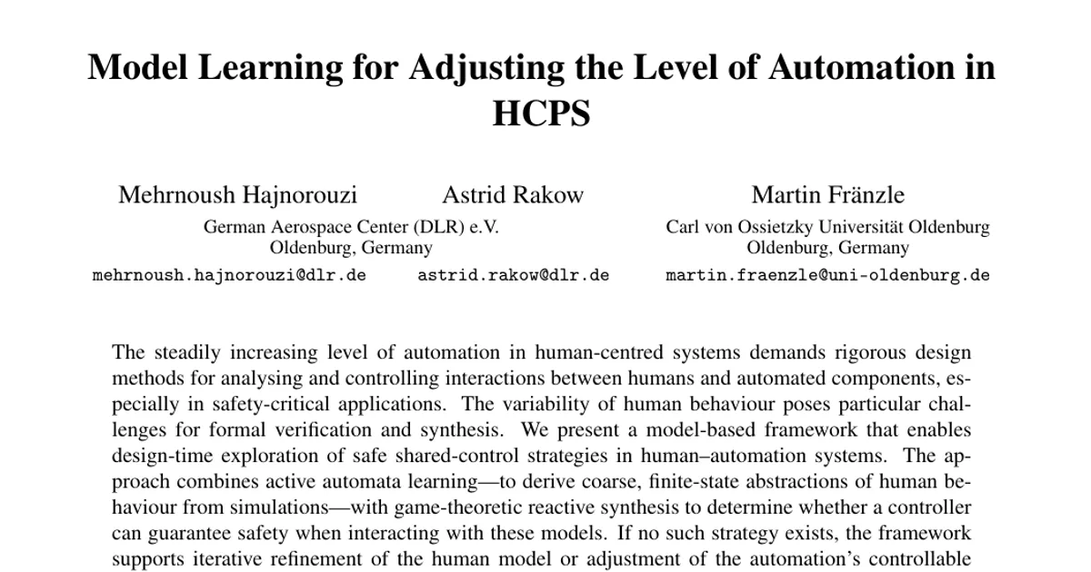 Model Learning for Adjusting the Level of Automation in HCPS