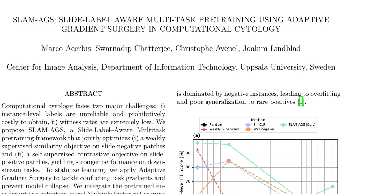 SLAM-AGS: Slide-Label Aware Multi-Task Pretraining Using Adaptive Gradient Surgery in Computational Cytology