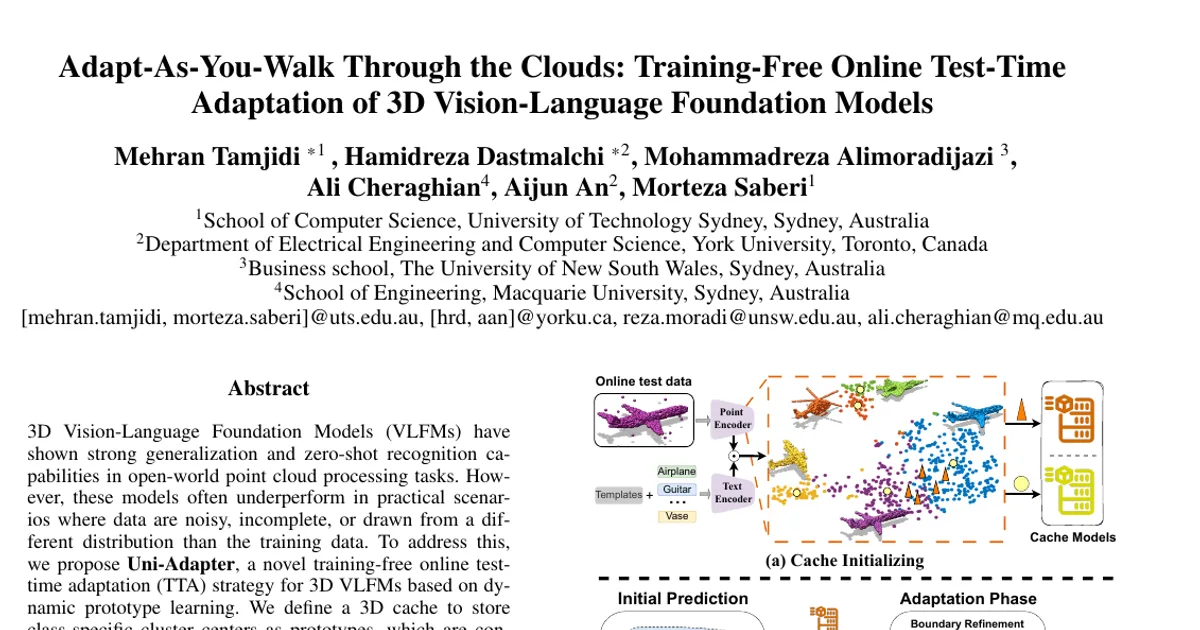 Adapt-As-You-Walk Through the Clouds: Training-Free Online Test-Time Adaptation of 3D Vision-Language Foundation Models
