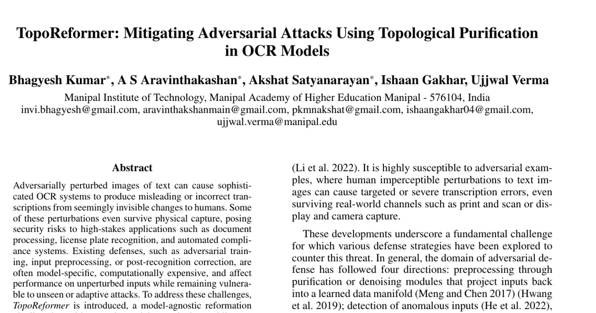 TopoReformer: Mitigating Adversarial Attacks Using Topological Purification in OCR Models
