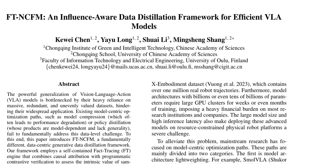 FT-NCFM: An Influence-Aware Data Distillation Framework for Efficient VLA Models
