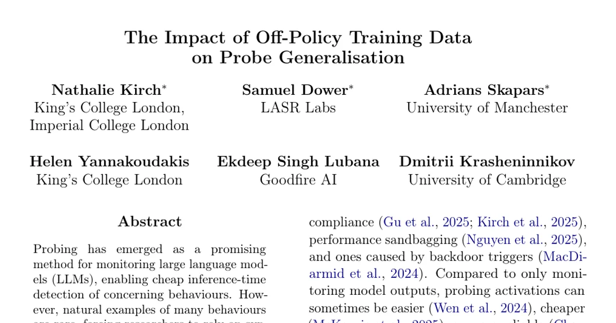 The Impact of Off-Policy Training Data on Probe Generalisation