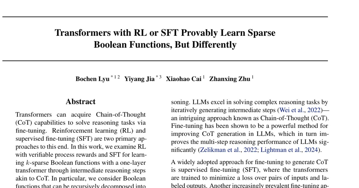Transformers with RL or SFT Provably Learn Sparse Boolean Functions, But Differently