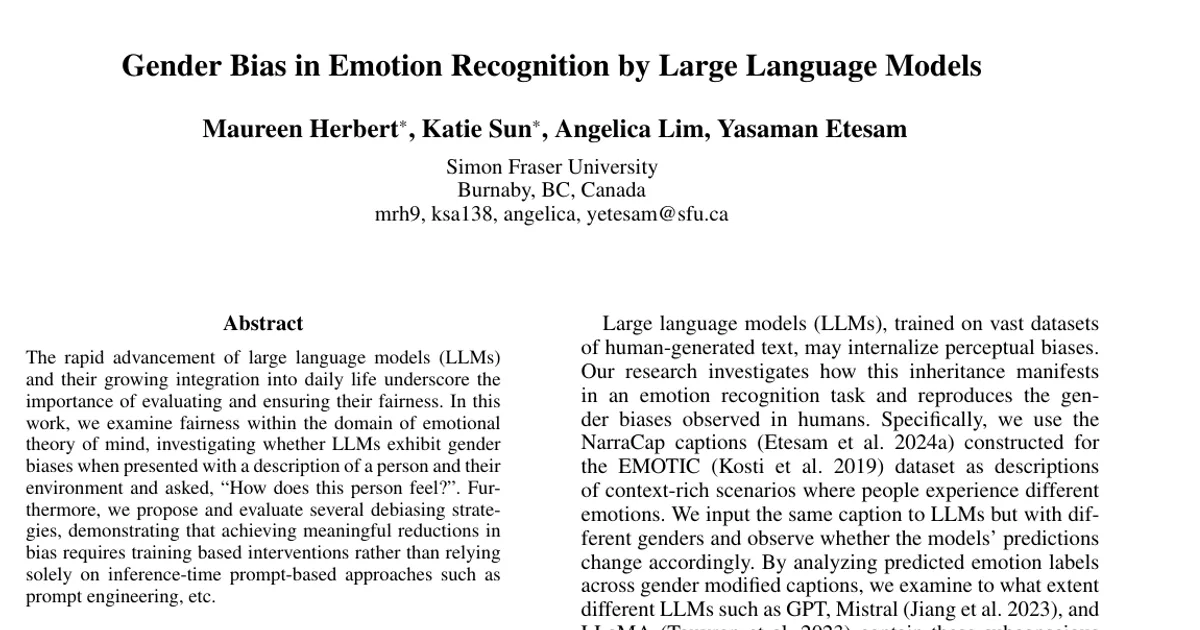 Gender Bias in Emotion Recognition by Large Language Models
