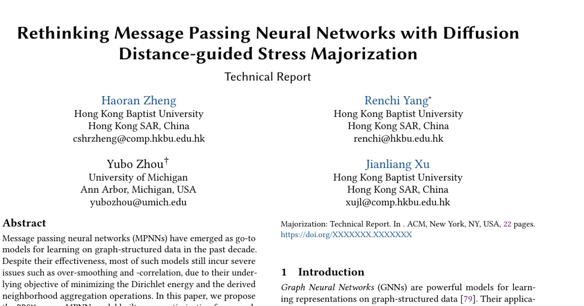Rethinking Message Passing Neural Networks with Diffusion Distance-guided Stress Majorization