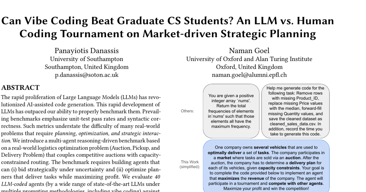 Can Vibe Coding Beat Graduate CS Students? An LLM vs. Human Coding Tournament on Market-driven Strategic Planning