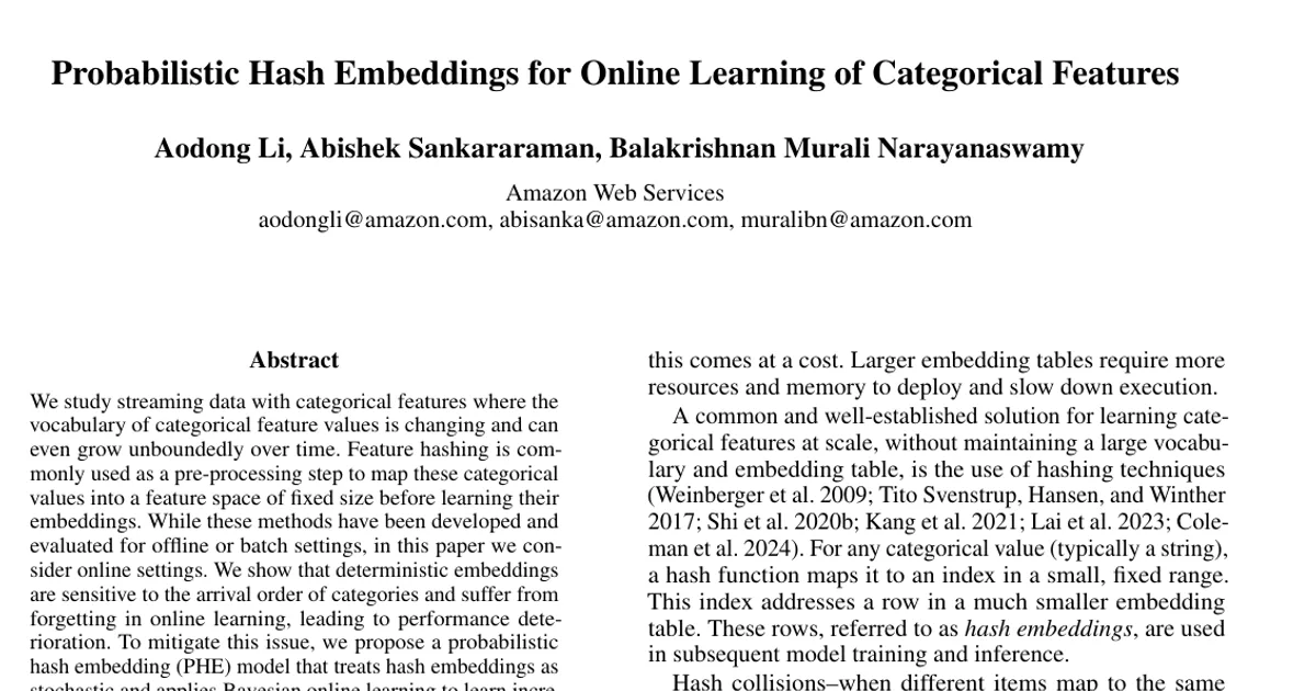 Probabilistic Hash Embeddings for Online Learning of Categorical Features