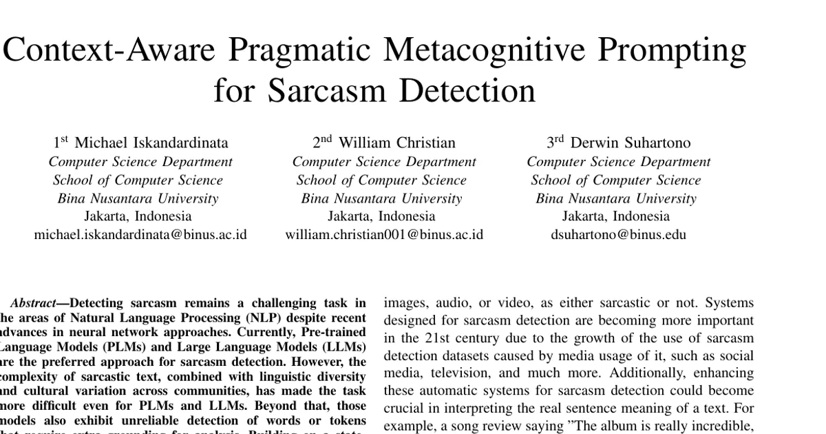 Context-Aware Pragmatic Metacognitive Prompting for Sarcasm Detection