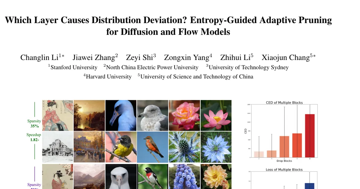 Which Layer Causes Distribution Deviation? Entropy-Guided Adaptive Pruning for Diffusion and Flow Models