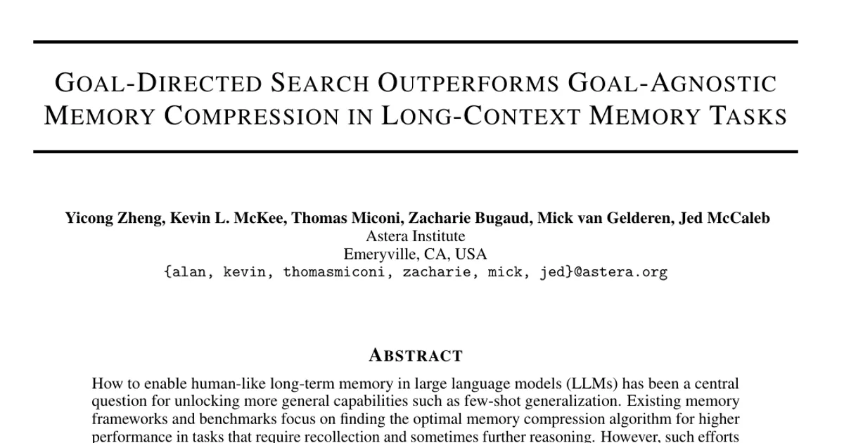 Goal-Directed Search Outperforms Goal-Agnostic Memory Compression in Long-Context Memory Tasks