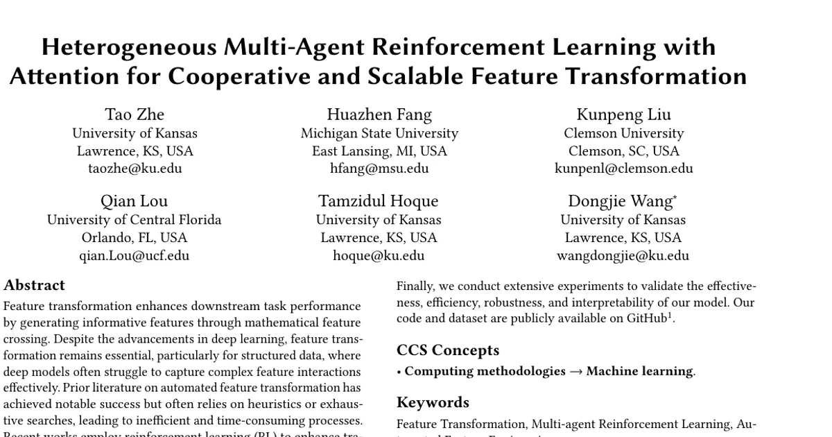 Heterogeneous Multi-Agent Reinforcement Learning with Attention for Cooperative and Scalable Feature Transformation